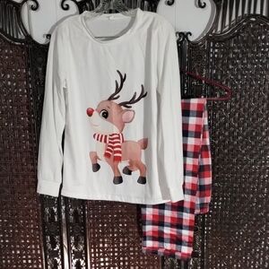 Women's Small Reindeer Pajama Set - White and Red Long Sleeve